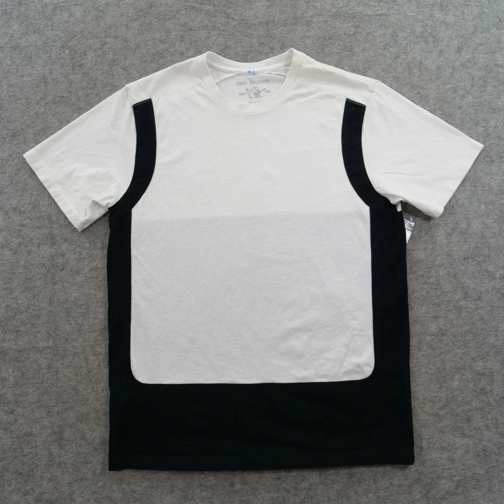 True Religion Shirt Mens Medium White Black Tailored Tee Color Block Crew New